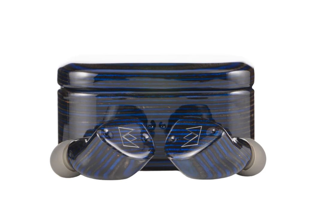 Transparent wireless earbuds with blue striped charging case